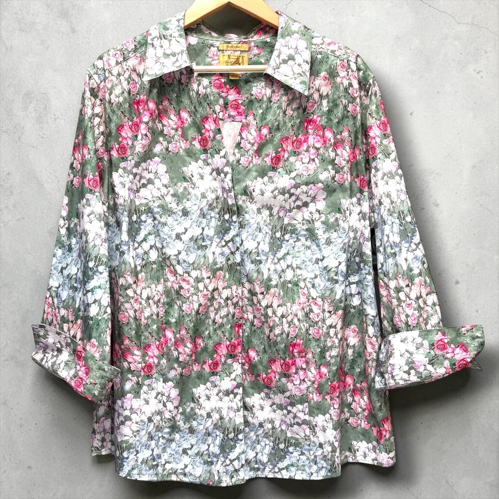 Investments Woman Gold Label Floral Non-Iron Taylor Shirt Green Pink French Cuff